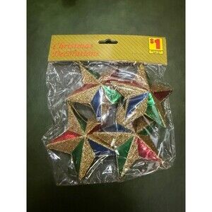 Vintage Family Dollar Glitter Star Ornaments Set of 4 Multicolor 3D Holiday